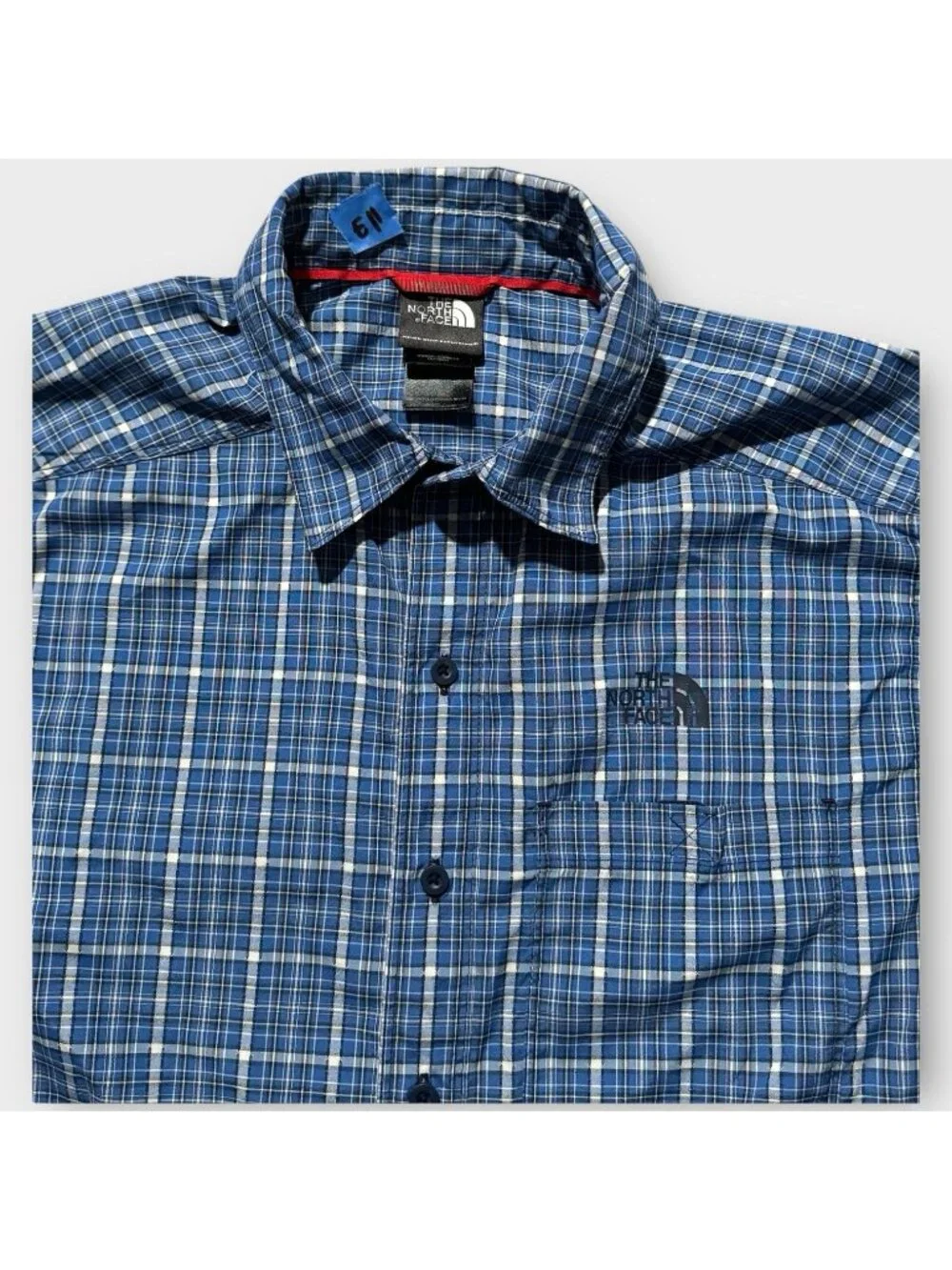 North Face Button Shirt Blue Plaid Outdoor Casual Short Sleeve Hiking Men Medium